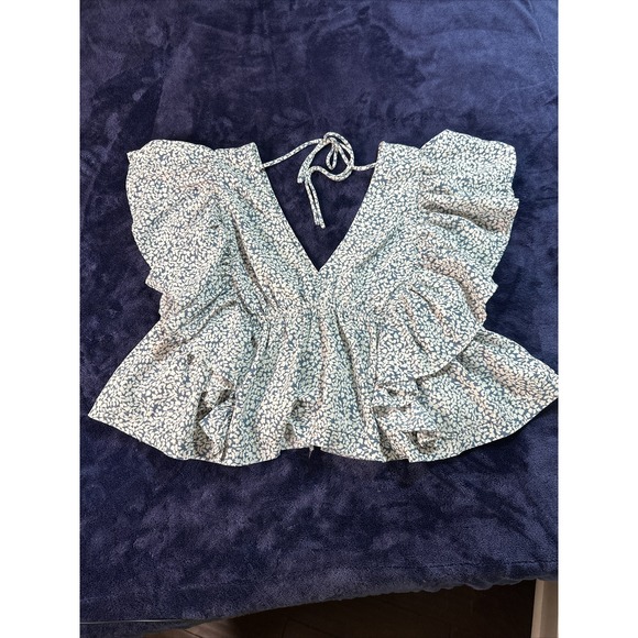 Vestique Top Blouse Size S Double Ruffle Sleeves White Blue Floral - Picture 9 of 15